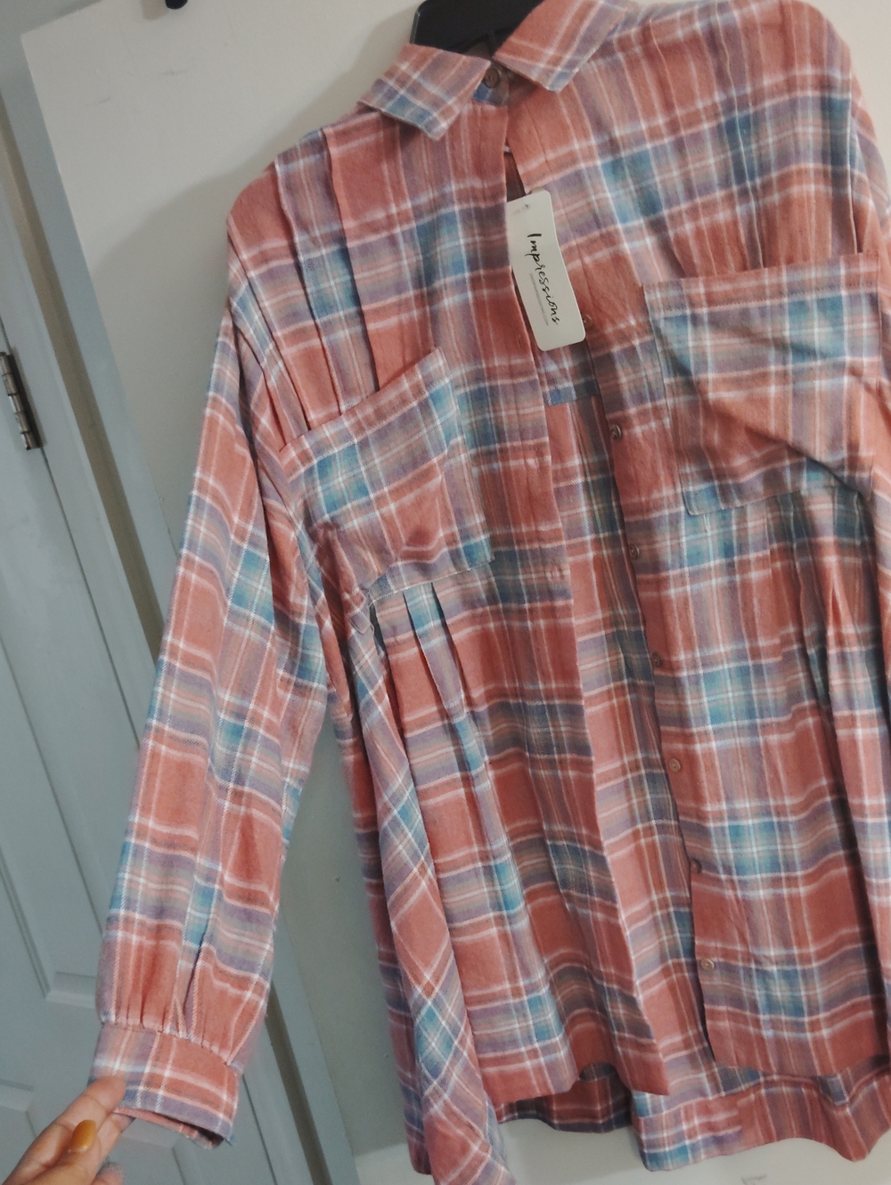 Impressions Peach and Blue Plaid Button-Down Shirt